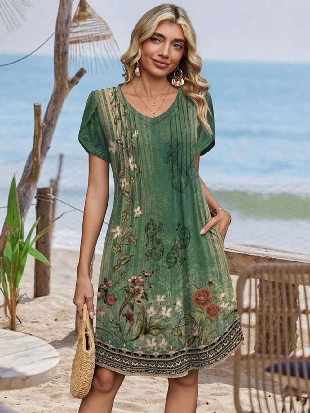 Green Floral V-Neck Short Sleeve Dress size S,M,L,XL, XXL - Picture 2 of 4